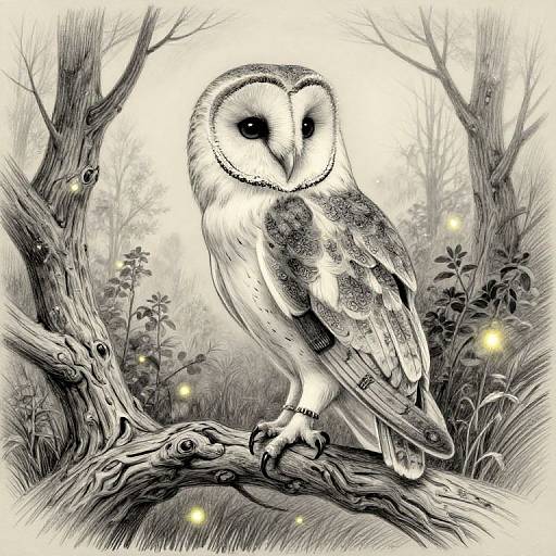 Detailed black-and-white digital drawing of a wise-eyed owl perched on a textured tree branch in a mystical forest with glowing fireflies.