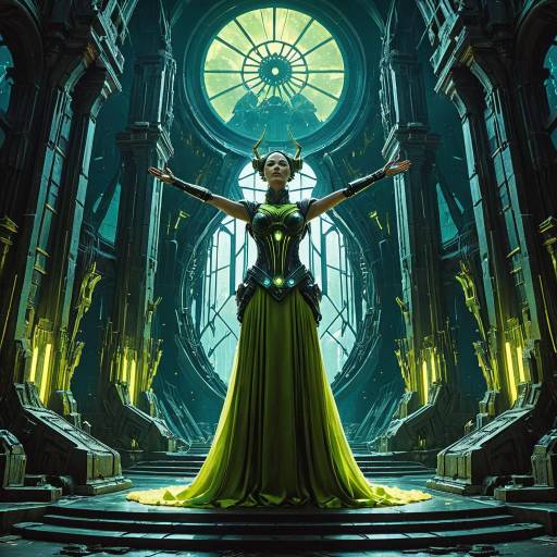 Futuristic Woman with Outstretched Arms in Dystopian Ruins