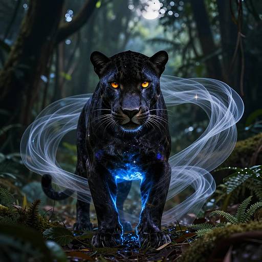 Digital artwork of a black panther with glowing yellow eyes, surrounded by ethereal blue and white energy, standing in a dark, mystical forest.