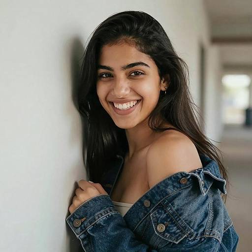 Smiling Young Woman in Denim Jacket