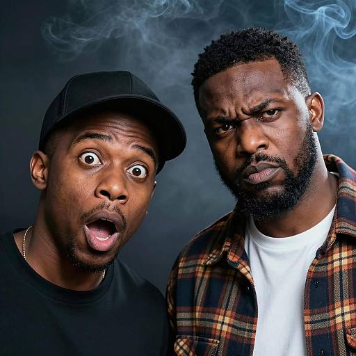 Portrait of Two Expressive Black Men with Smoke Background