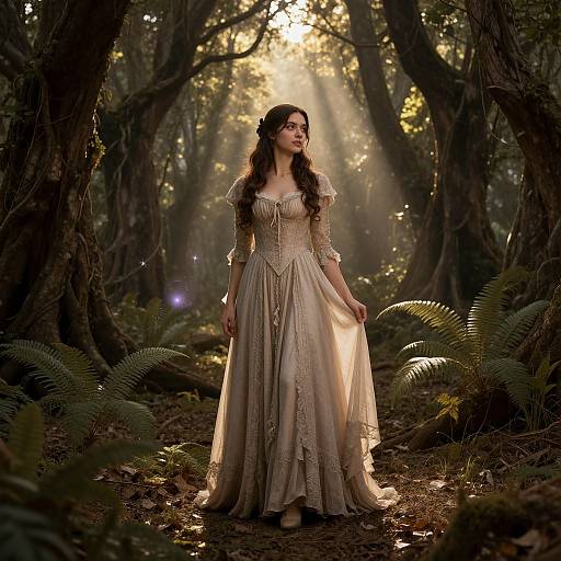 Photograph of a young woman with long brown hair in a detailed, light beige Victorian-style dress, standing in a sunlit, dense forest with sunlight