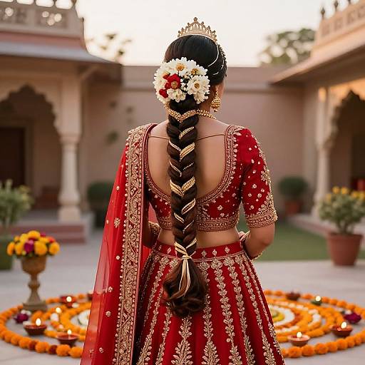 Photograph of a bride with a long braided hair adorned with flowers, wearing a red and gold traditional Indian lehenga, standing in a courtyard with