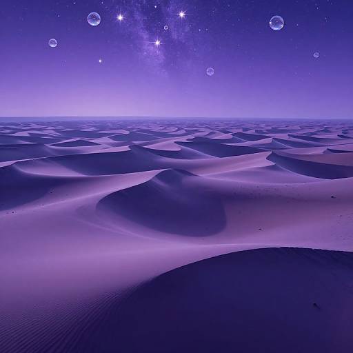 Digital artwork of a purple-lit, starry desert with rolling sand dunes, featuring floating bubbles and sparkling stars in the night sky.