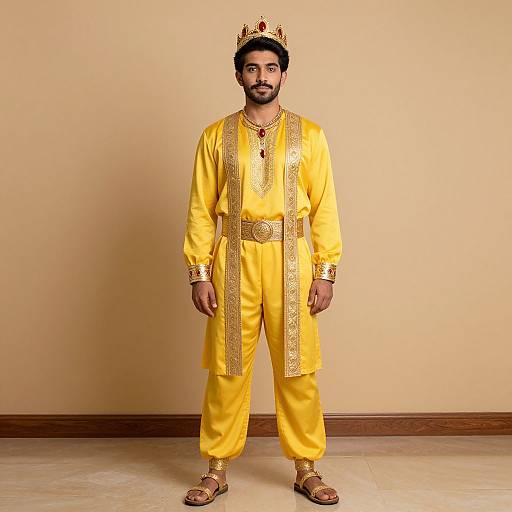 Photograph of a bearded man in a yellow traditional Indian king costume with gold embroidery, crown, and sandals, standing against a beige wall.