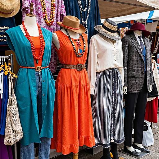 Photograph of a vibrant outdoor market stall displaying mannequins in colorful dresses, hats, and accessories, with various shoppers in the background.