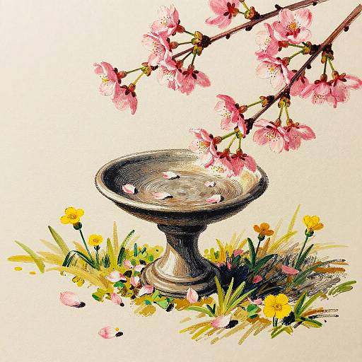 Botanical Birdbath with Cherry Blossoms