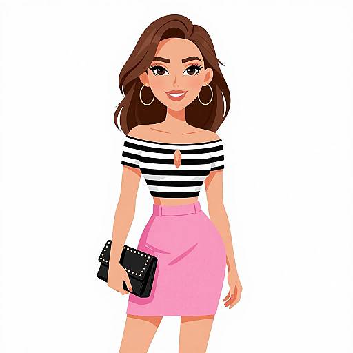 Smiling Woman in Striped Crop Top and Pink Skirt