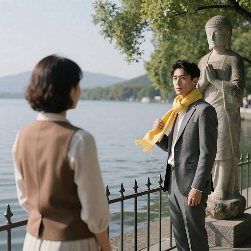 Man and Woman by Lake with Stone Statue