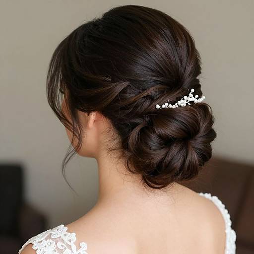 Photograph of a bride with dark, wavy, intricately styled updo, adorned with a delicate white pearl hair accessory, wearing a white lace