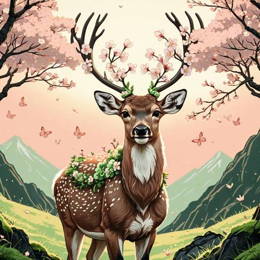 Japanese Cartoon Deer with Cherry Blossom Antlers