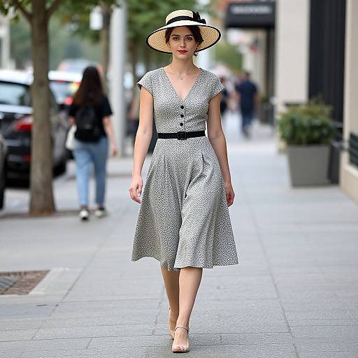 Photograph of a woman in a white polka dot dress, black belt, straw hat, and beige heels walking on a city sidewalk. Blurred