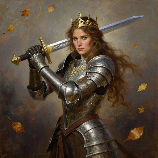 Digital painting of a fierce, fair-skinned, long-haired woman in silver armor with a golden crown, holding a sword, surrounded by falling leaves.
