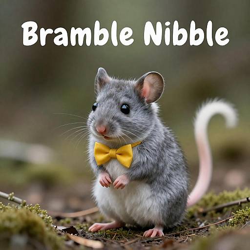 Photograph of a gray mouse with a yellow bowtie, standing on mossy forest ground, text 