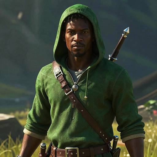 Photorealistic CGI of a serious Black man with dark skin, green hooded tunic, sword sheathed on back, brown belt, standing in