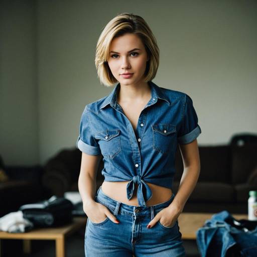 Young Blonde Woman in Denim Outfit