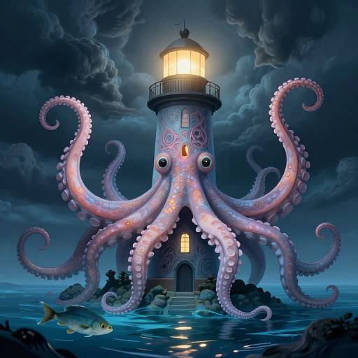 Digital illustration of a glowing lighthouse with pink, octopus-like tentacles, under a stormy, night sky, with a fish in the water