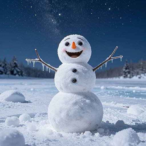 Photograph of a cheerful snowman with a carrot nose, black coal eyes, and mouth, raised stick arms, under a starry night sky.