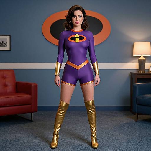 Photograph of a woman with dark brown hair, wearing a purple superhero bodysuit with gold boots and cuffs, standing in a blue-walled room