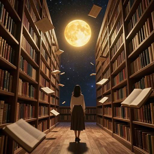 Photograph-like digital art: A woman with long dark hair, white blouse, and black skirt walks down a moonlit library aisle, surrounded by flying