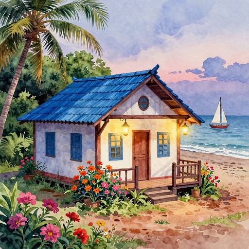 Vibrant Seaside Cottage Watercolor