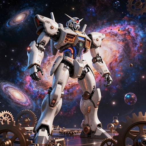 CGI image of a towering white and blue robotic mecha emitting a colorful, swirling cosmic aura, surrounded by space, gears, and floating bubbles.