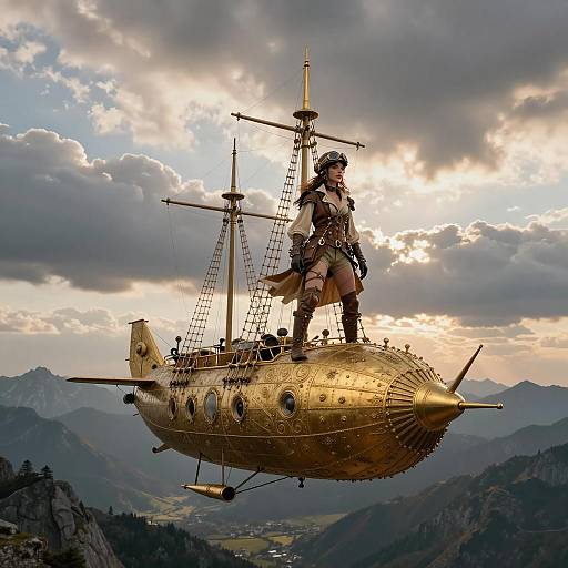 Epic Steampunk Aviator in Golden Airship