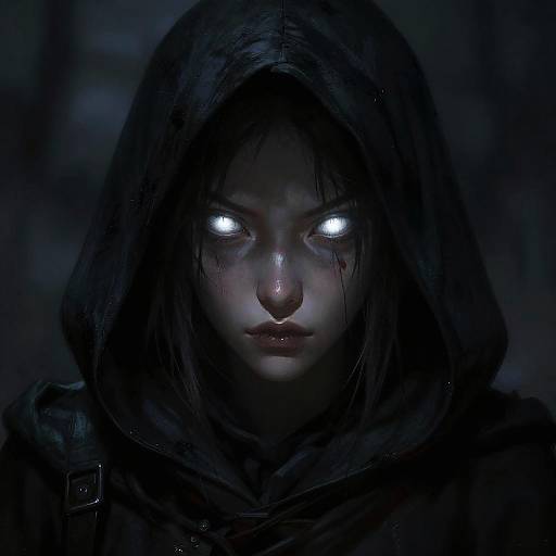 Shadowy Hooded Figure with Glowing Eyes