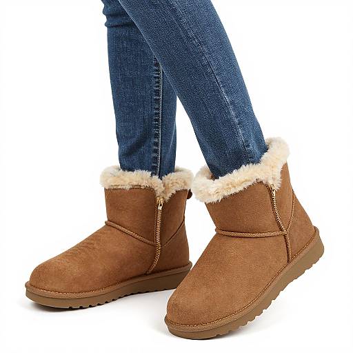 Photograph of brown suede UGG-style boots with white fur trim, worn with blue denim jeans, against a plain white background.