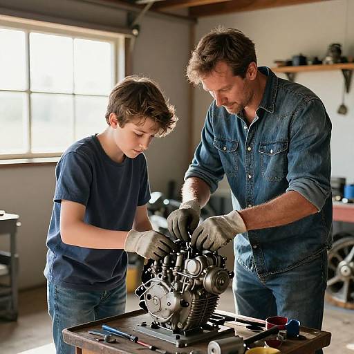 Father and Son Fixing Motorcycle