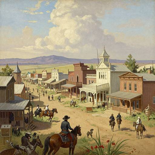 Colorful painting of a bustling 19th-century Western town with horseback riders, wooden buildings, a white church, and a cloudy sky.