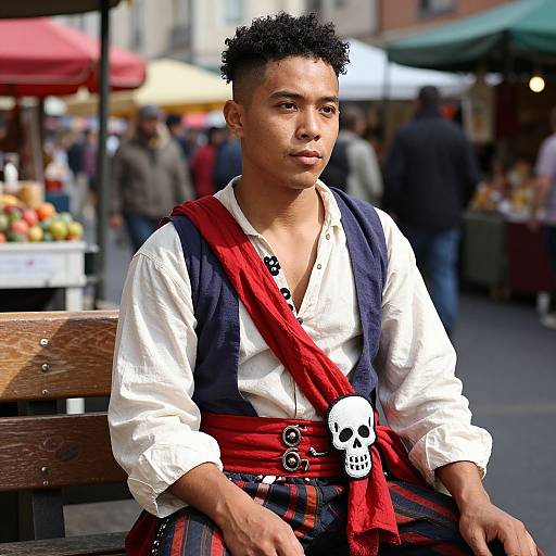 Photograph of a young man with curly black hair, wearing a white shirt, dark vest, red sash, and skull emblem, sitting on a