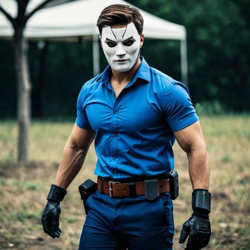 Man in Blue Shirt with White Mask Outdoors