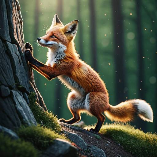 Playful Fox Climbing on Forest Rock