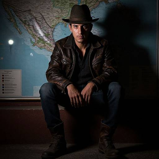 Photograph of a serious man in a black leather jacket, hat, and jeans, sitting against a map-lit background. Dramatic shadows enhance his