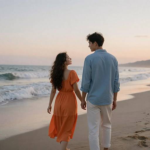 Couple Walking on Beach at Sunset