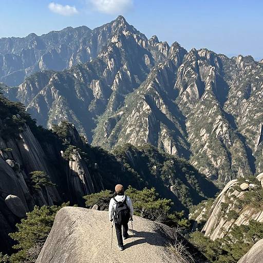 Photograph of a hiker with a backpack and trekking poles, standing on a rocky peak, gazing at a majestic, sunlit mountain range
