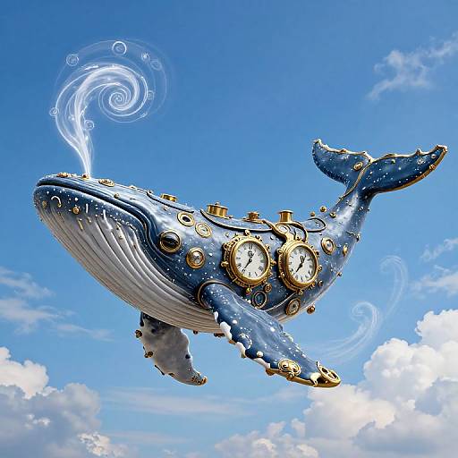 Fantastical, steampunk blue whale with golden clockwork mechanisms, emitting a swirling white vapor, soaring through a bright blue sky with white clouds