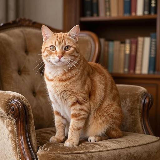 Photograph of a vibrant orange tabby cat with white chest and paws, sitting on an antique, tufted brown armchair, in front