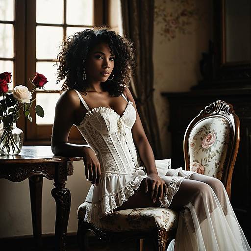 Dark-skinned Woman in White Lace Corset Lingerie