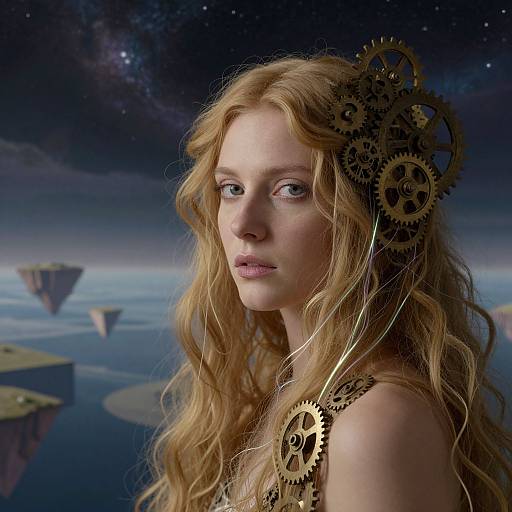 Photograph-like CGI of a pale-skinned, red-haired woman with wavy hair, wearing brass gears in her hair, against a cosmic, floating