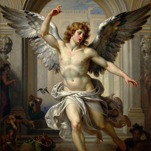 Baroque painting of a muscular, nude, winged angel with curly hair, pointing upwards, draped in a flowing white cloth, in an ornate
