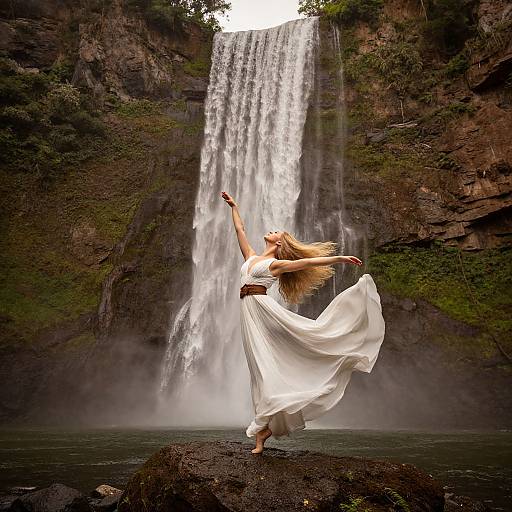 Photograph of a blonde woman in a flowing white dress dancing on a rock in front of a tall, cascading waterfall.