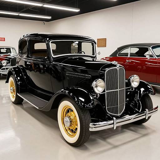 Photograph of a glossy black vintage car with gold wheels, chrome grille, and white-walled tires, displayed in a bright, modern showroom with a