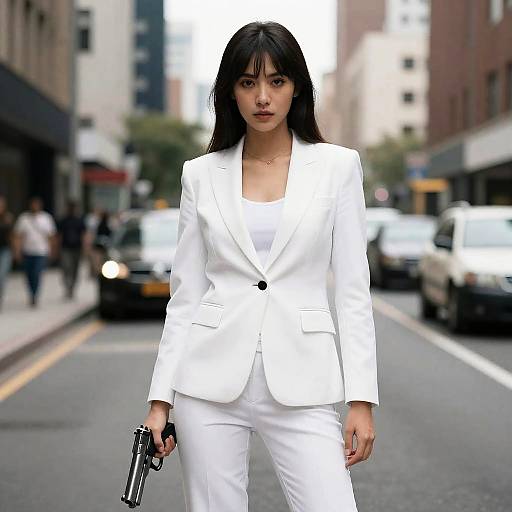 Scarface-Inspired Woman in White Suit