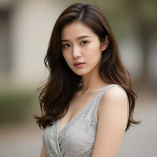 Photograph of an attractive Asian woman with long, wavy brown hair wearing a silver, patterned, low-cut dress, standing outdoors with a blurred