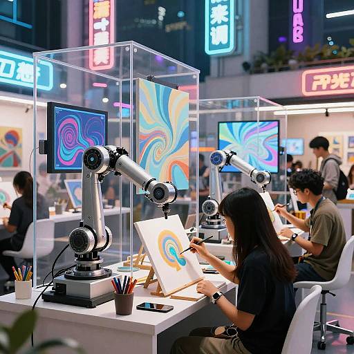 Photograph of a modern, neon-lit workspace with two artists using digital drawing tablets and large monitors in a bustling, colorful studio.