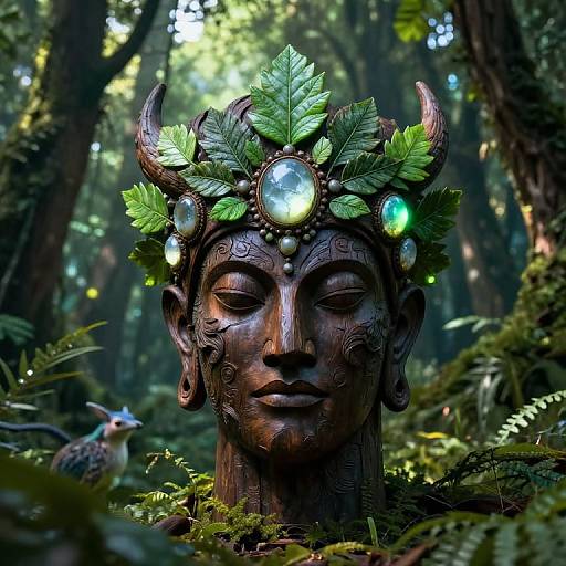 Photograph of a bronze, leaf-crowned forest statue with glowing green and blue gems, serene eyes, surrounded by ferns and a small bird.