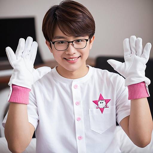 Smiling Asian Boy Wearing White Shirt and Gloves