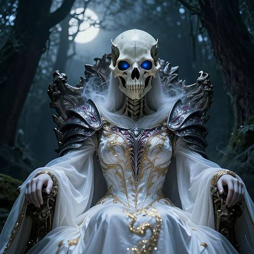 Digital artwork of a skeletal figure with glowing blue eyes, wearing an ornate, white gown with gold accents, and dark, spiked armor, seated in